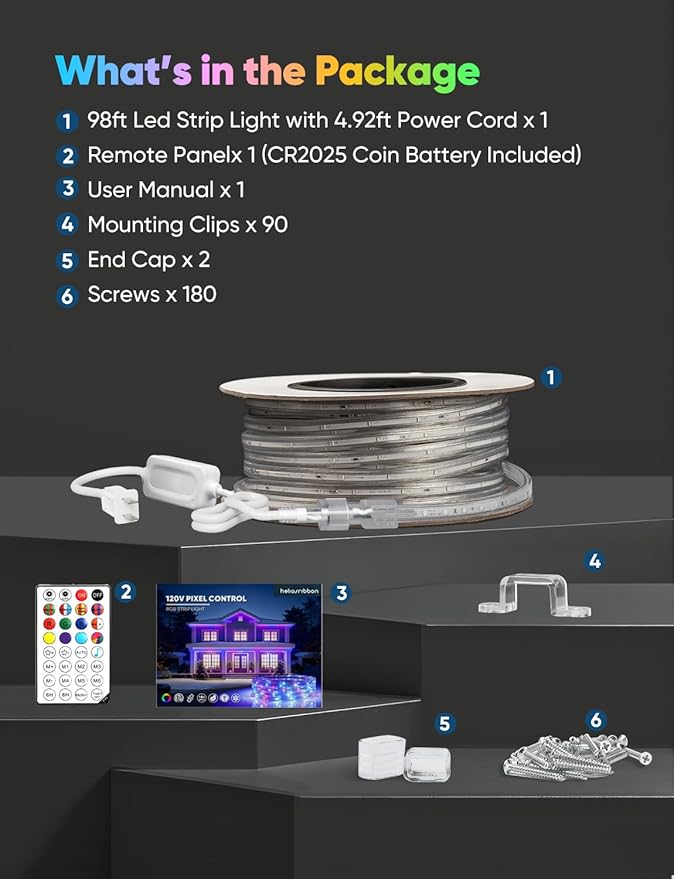 98FT Outdoor LED Strip Lights RGB+IC with Warm&Cool White, ETL Listed Music Sync Light Strip AC 120V, IP65 Waterproof and Connectable, for Party Festival Eave Porch Patio Every Day Decor