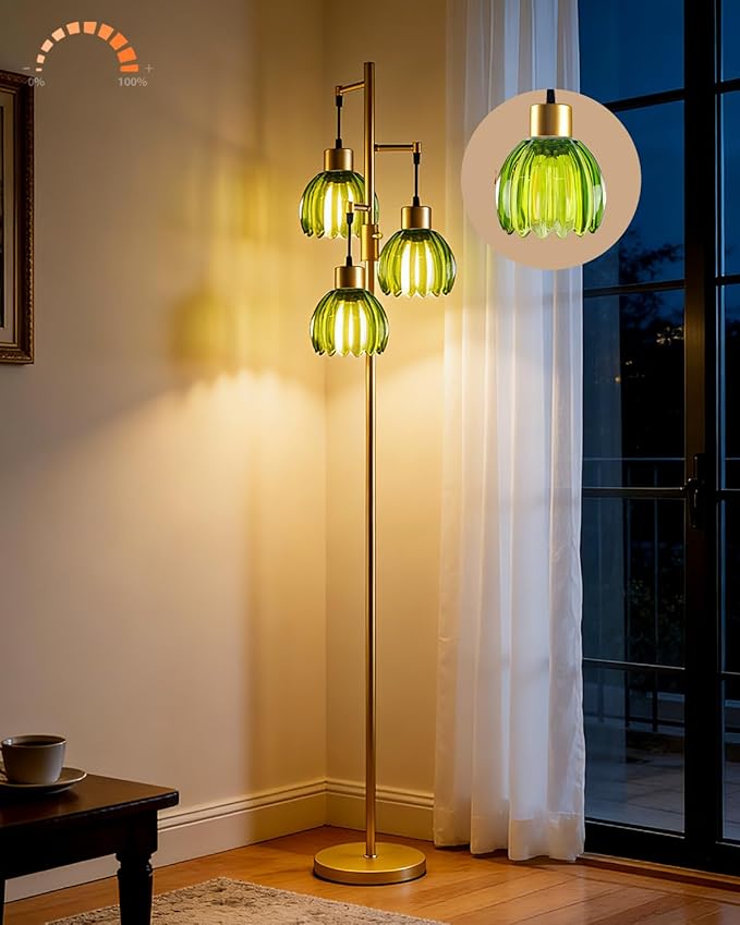 Lightdot 65'' Glass Floor Lamp Dimmable Gold Floor Lamps with Green Lotus Glass Shade& 3000K Bulbs Included 3-Lights Modern Tall Standing Lamp for Living Room/Bedroom/Sofa Beside/Corner Decor