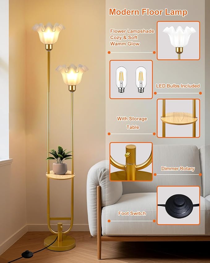 Lightdot Dimmable Flower Floor Lamp with Table for Living Room, Modern Mid Century Gold Metal Tall Standing Lamp for Bedroom/Sofa Beside/Corner Decor (Bulb Included)