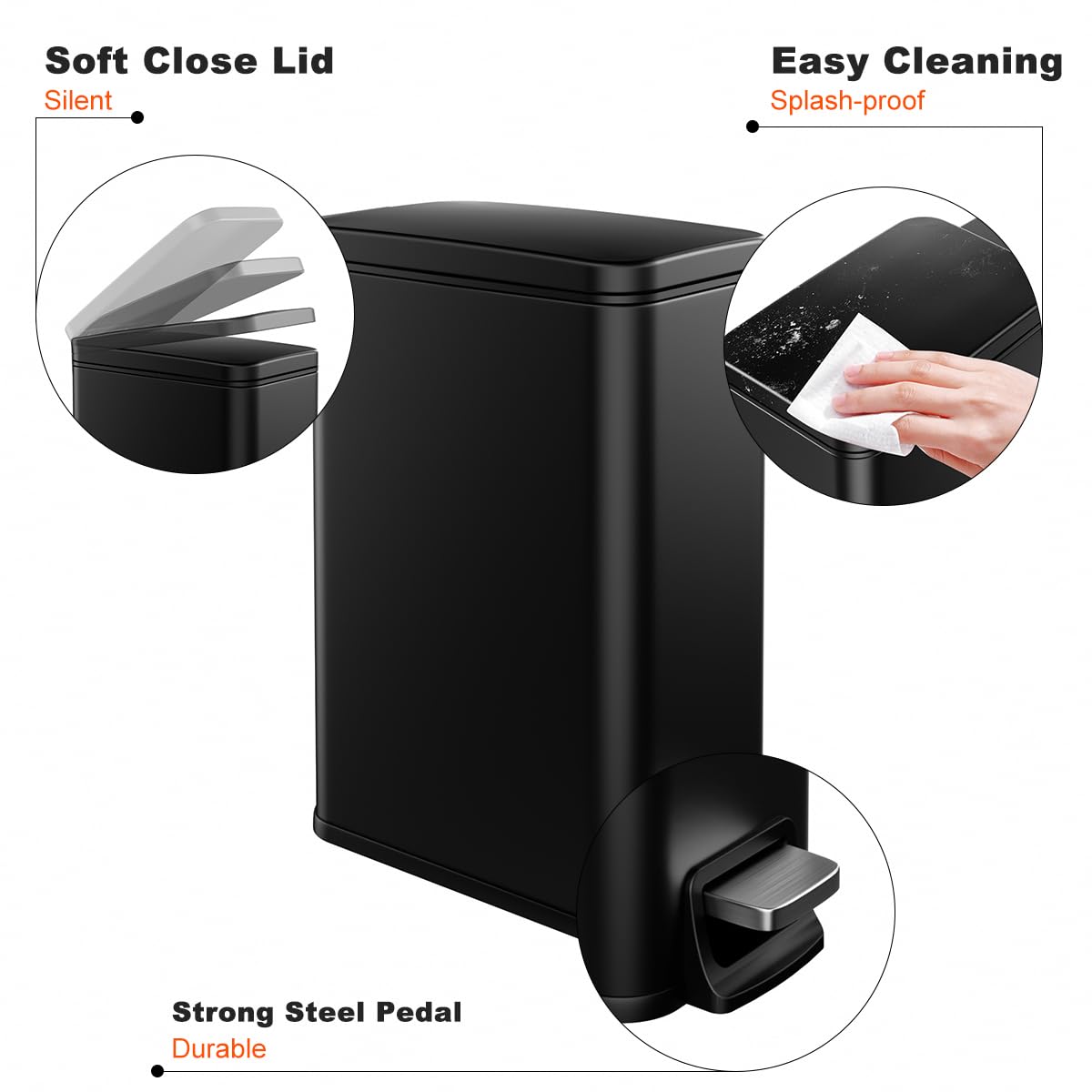 Regine Switzerland Slim Bathroom Trash Can - 1.6 Gallon Stainless Steel with Soft Close Lid & Removable Inner Bucket