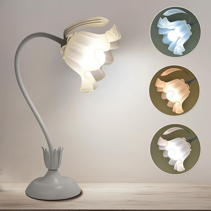 Flower Table Lamp, 3 Level Brightness Vintage Flower Reading Light with E26 Bulb, Cute Desk Lamp Bedside Lamps Lily Lamps for Nightstands Living Room Bedroom Ambient Lighting Home Decor