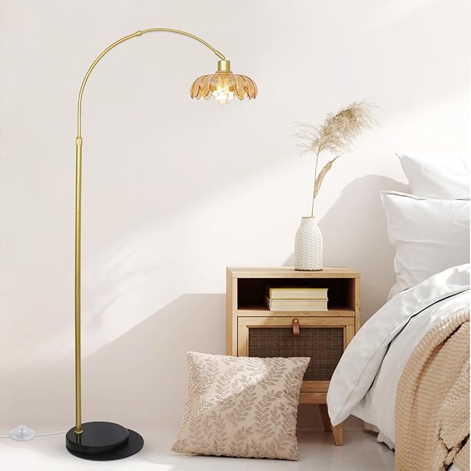 Gold Floor Lamp for Bedroom, Arc Floor Lamp with Remote & LED Bulb, Flower Standing Lamps for Living Room, Glass Corner Tall Lamp, Mid Century Modern Floor Lamps, Arched Stand Up Lamp (Amber)