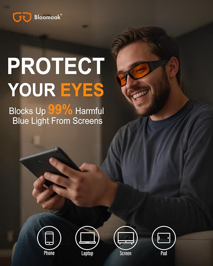 Bloomoak 99% Blue Light Blocking Glasses,Nighttime Sleep,Fully Wraparound Your Eyes with No Leaks for Side Glare/Dry Eyes