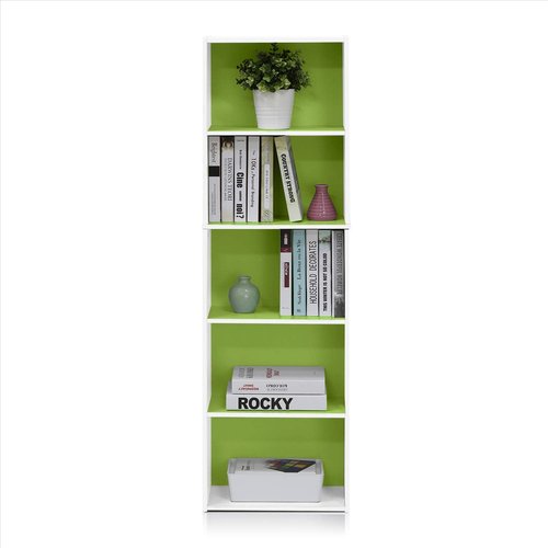 Furinno LUDER Book Shelf, 5-Tier Bookshelf, Bookcase with Open Shelves, 9.4 x 15.8 x 52, Easy Assembly, for Living Room, Bedroom, Home Office, White/Green