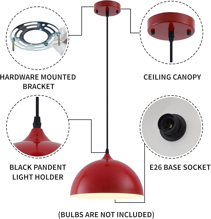 Red Farmhouse Pendant Light 11.8inches 2 Packs,Kitchen Pendant Lights, Industrial Pendant Light, Pendant Lights Kitchen Island for Living Room, Bedroom, Dinning Room, Office