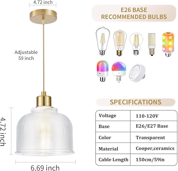 2Pack Industrial Pendant Lighting, Modern Clear Glass Shade Farmhouse Adjustable Hanging Light Fixtures for Kitchen Island Living Room Bedroom Hallway Gold and Clear