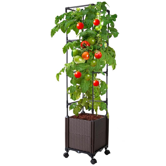 Antmoilios Raised Garden Bed with Tomato Cage & Trellis, 56" Self-Watering Tomato Planter Box for Vegetables Flowers | Lockable Wheels, Vertical Gardening | Indoor Outdoor Patio Use, Easy Assembly