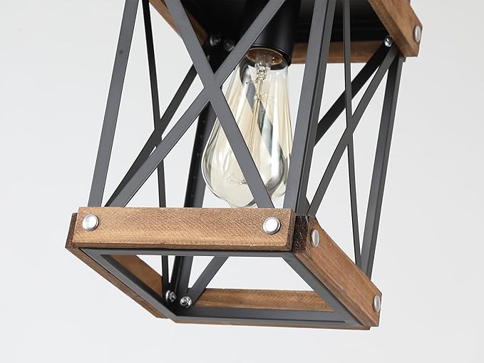 Rustic Farmhouse Plug in Pendant Light Fixture with Adjustable Chain, Oak Wood and Metal Lantern Cage Mini Hanging Lamp for Kitchen Island Living Room Hallway Farmhouse Bar, Black