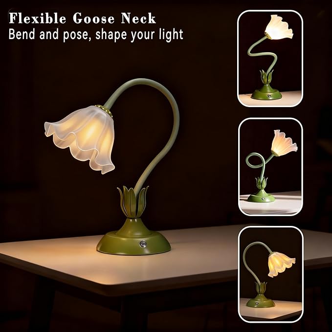 Cordless Flower Table Lamp Green, Valentine‘s Gift, 5200-mAh Rechargeable Touch Lamp, 3-Way Dimmable, Build-in Integrated LED 320 Lumen Max, for Nightstand Bedroom Living Room