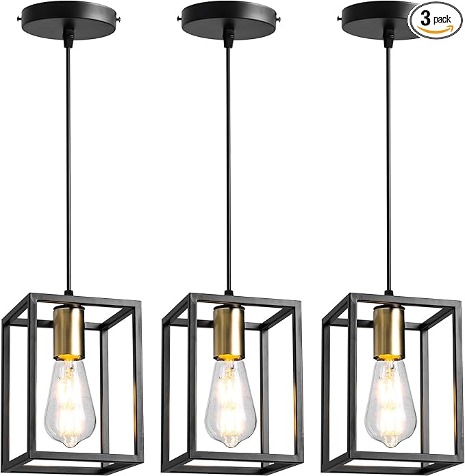 3 Pack Farmhouse Black and Gold Pendant Lights, Hanging Lamps for Living Room Entryway Foyer Indoor, Cage Lantern Kitchen Island Dining Room Light Fixture, Modern Matte Black Industrial Iron Light