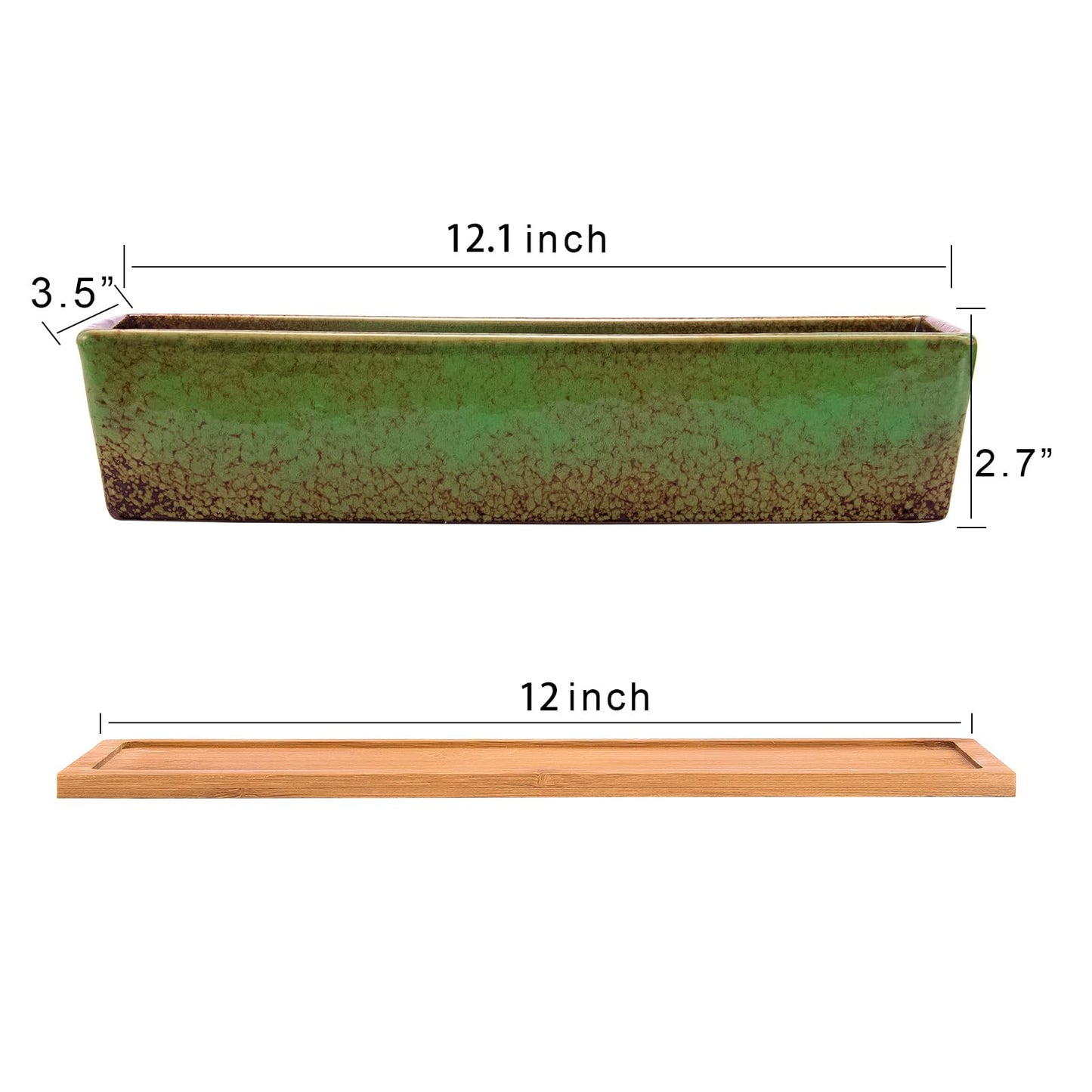 Succulent Pots - 12 Inch Large Succulent Planters with Drainage Tray, Window Sill Planter, Long Rectangle Ceramic Pots for Indoor Cactus Plants Shallow Bonsai Window Box for Home Garden Decor