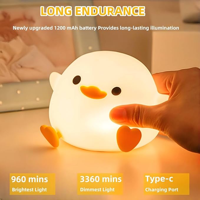 Dodo Duck Night Light, 50Hrs Duck Lamp Squishy, Tap Control 2 Brightness, 20Min Auto-Off, Rechargeable Animal Night Light for Kids Bedroom, [Easter Gifts]