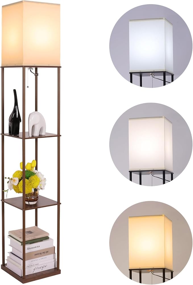 Floor Lamp with Shelves, Modern Square Standing Lamp with 3 Color Temperature Bulb, Corner Display Bookshelf Lamp for Living Room, Bedroom and Office (Brown-9)