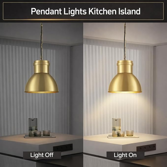 BoostArea Gold Pendant Lights Kitchen Island, 10.6" Large Metal Shade and 70.9'' Adjustable Height, Modern Pendant Lighting Fixtures,Farmhouse Hanging Pendant Light for Kitchen Island/Bar,No E26 Bulb