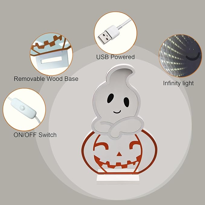 LED Halloween Pumpkin Light, Cute Neon Pumpkin and Ghost Sign Decor,11.57 Inch Halloween 3D Infinity Lights with USB Powered for Table, Room, Party Decoration