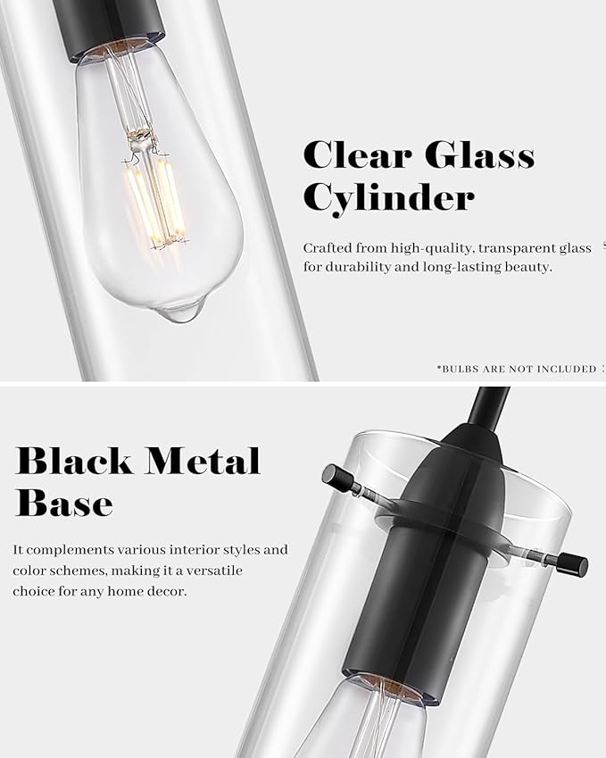Black Pendant Lights Kitchen Island 3 Packs, Clear Glass Pendant Light, Modern Glass Pendant Light Fixture, Industrial Pendant Lights for Kitchen Island, Living Room, Bedroom, Dining Room