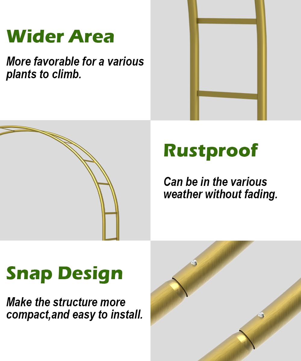 Queension Metal Wedding Arch for Ceremony Party Decoration 7Ft Wide 7.7Ft High,Garden Arch Trellis with Ground Bases for Climbing Plants,Outdoor Garden Arbor for Roses Vines, Round Frame, Gold