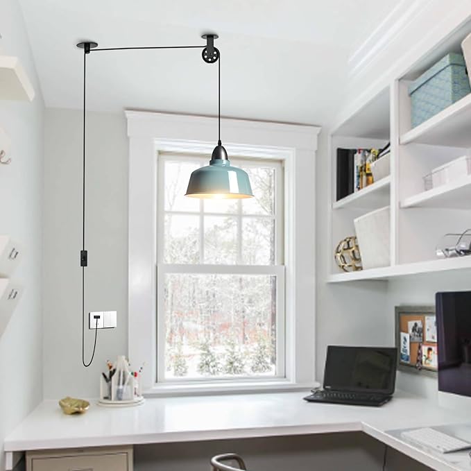 Plug in Pendant Light, Blue Farmhouse Hanging Lights with Plug in Cord, Pulley Hanging Lamp, Industrial Pendant Lights Fixture for Kitchen Island, Bedroom, Dining Room, Living Room, Office