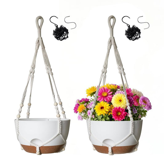 LESOASIS 12 Inch Hanging Baskets for Plants Outdoor, Hanging Planters for Indoor Outdoor Plants, Hanging Planter with Self Watering, Hanging Flower Pots (White Planter with Macrame + Iron Hangers)