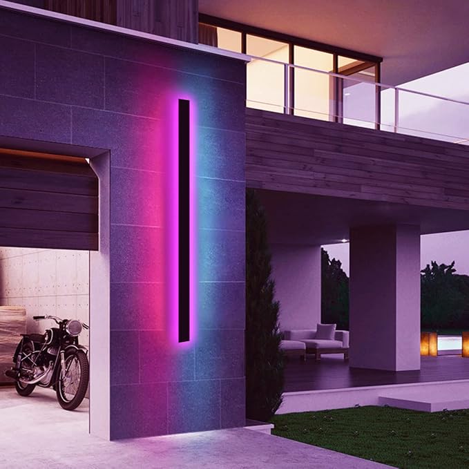 Outdoor Long Strip Modern LED Wall Lighting Fixture Lamps, RGB LED Light Strip,UL MW Driver,Elegant Frosted White Acrylic, Black Aluminum Body IP65 Waterproof Anti Rust(RGB, 32inch)