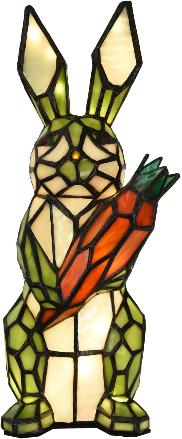 Bieye L10948 Rabbit Holds Carrot Tiffany Style Stained Glass Accent Table Lamp for Home Decor (Green)