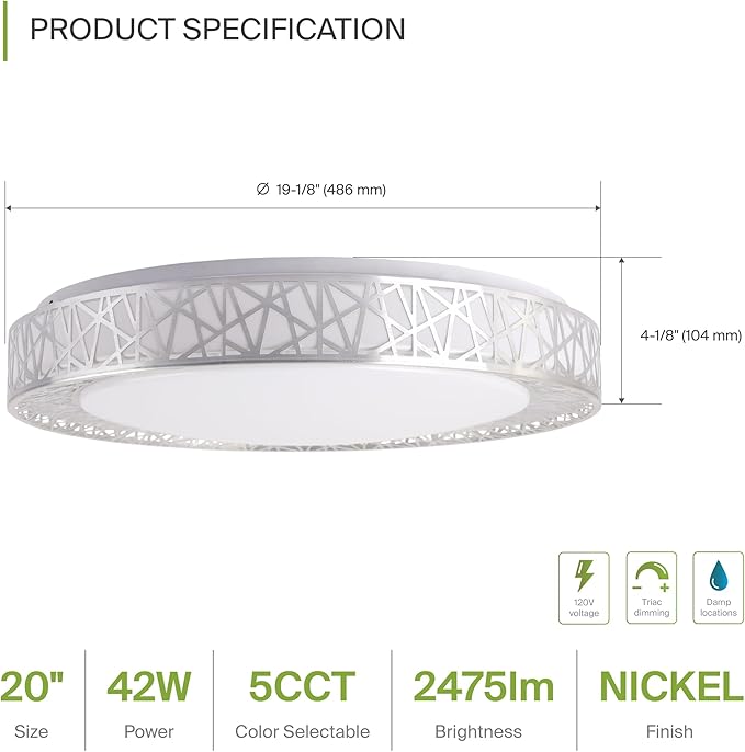ASD 20 Inch LED Flush Mount Ceiling Light Fixture for Bedroom, 42W 2474LM 5CCT 2700K-5000K, Dimmable Lights, Dining, Living Room, Kitchen Lamps, Modern Home Lighting Fixtures, Nickel, ETL, 2 Pack