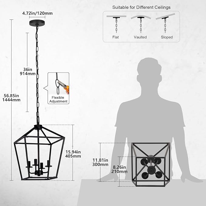 4 Light Chandelier, Industrial Ceiling Light Black Lantern Light Fixtures with Farmhouse Metal Cage Adjustable Height Rustic Geometric Hanging Light E12 Base for Kitchen Island, Entryway, Indoor