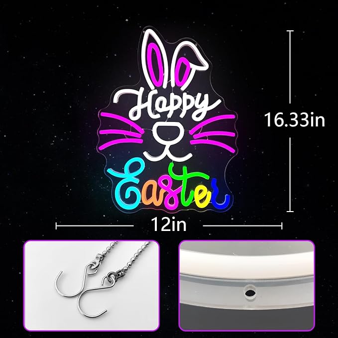 Happy Easter Neon Sign Dimmable Bunny Neon Sign for Wall Decor Led Easter Neon Window Sign, Hanging Neon Light Signs for Party, Bedroom