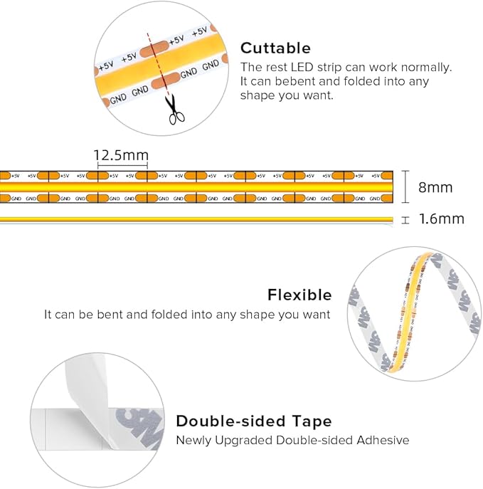 BTF-LIGHTING FCOB COB FOB LED Strip Lights 5V USB Powered 6.56FT 640LEDs Warm White 2700K 8mm Width Dimmable CRI 90+ with 3M Tape Flexible High Density for 3D Printer TV Backlight PC DIY Decor