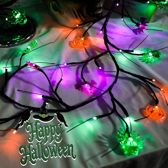 6FT Halloween Decorations Lights Willow Vine Twig Garland with Pumpkin Bat Spider Light, 8-Mode Battery Operated Decoration for Home Wall Table Fireplace Décor