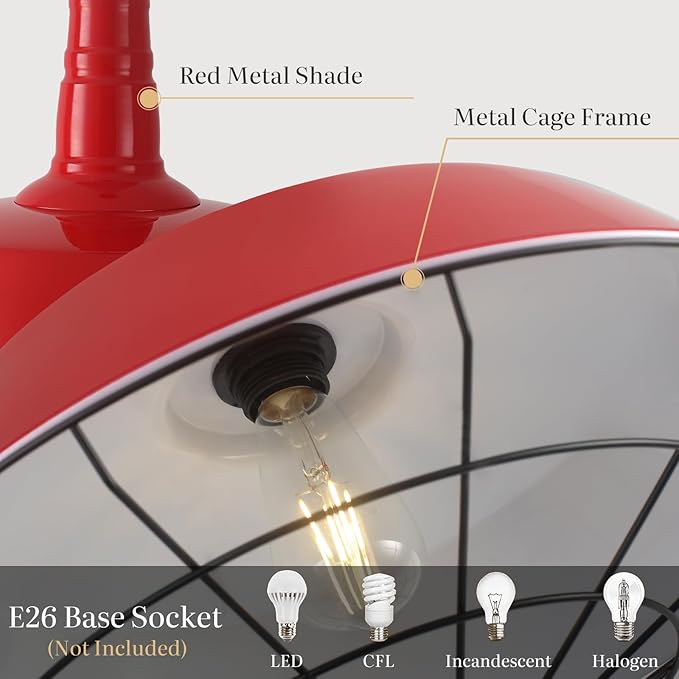 Red Pendant Lights Kitchen Island, 18.1 Inch Large Farmhouse Pendant Light, Oversized Industrial Pendant Light with Wire Cage, Barn Pendant Lights for Kitchen Dining Room (1 Pack)