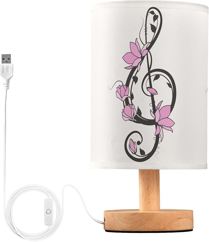 Treble Clef Music Note Pink Flower Floral Branch Table Lamp with Wood Base Fabric Lamp Shade Bedside Nightstand Desk Lamp for Living Room Bedroom Kids Room Office