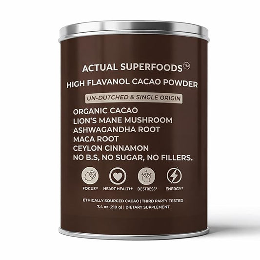 High Flavanol Cacao Powder Blend - Flavanols & Flavanoids - Organic Coffee Alternative with Lions Mane, Ashwagandha, Maca & Ceylon Cinnamon - 7.4 ounces - Morning Focus & Energy Ritual