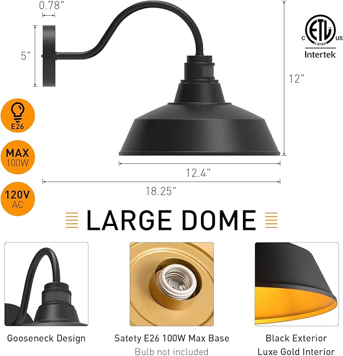 12.4'' Motion Sensor Outdoor Barn Lights, Dusk to Dawn Outdoor Lighting Wall Mount, Farmhouse Outdoor Wall Sconce Dome Gooseneck Barn Light for Porch Garage Patio, Waterproof Rustproof, 2-Pack