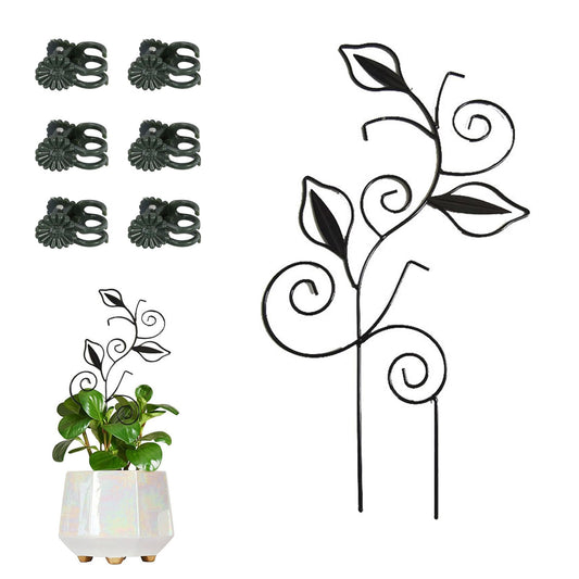 Decorative Metal Plant Trellis for Indoor Potted Plants – Leaf Shape Vine Support Stakes with 6 Plant Clips, Black/Green/Gold Garden Trellises for Climbing Plants, Vines (Black 1pc)