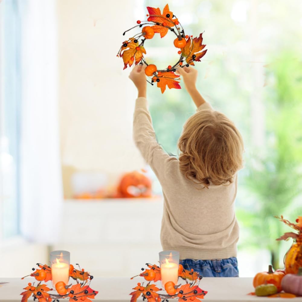 Skiennix 3-Piece Fall Candle Rings - Autumn Maple Leaves & Pumpkins | Perfect for Thanksgiving & Halloween Decor