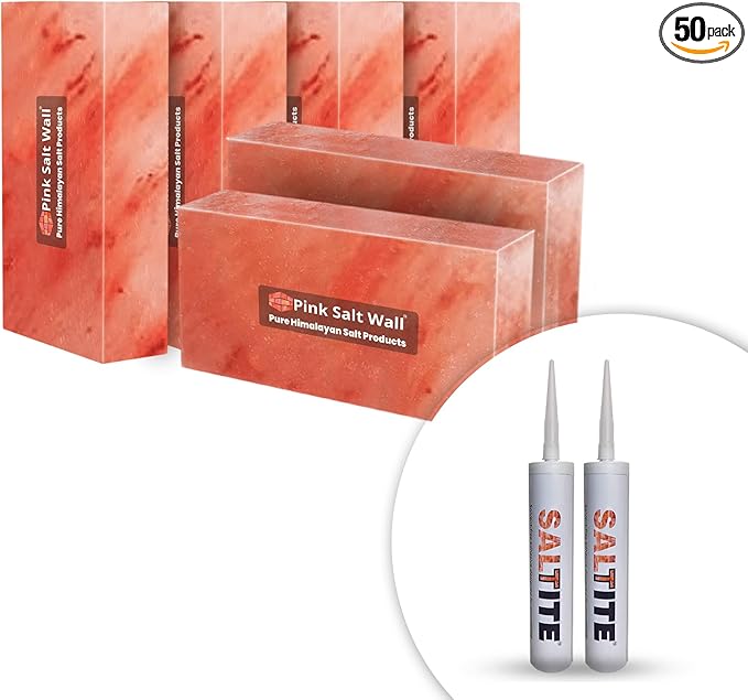 Himalayan Pink Salt Bricks and Salt Glue 8"x4"x2" 50-Pack for Walls, Sauna, Spa, Home Wall Decor improvement (Pack of 50 Bricks + 2 Glue)