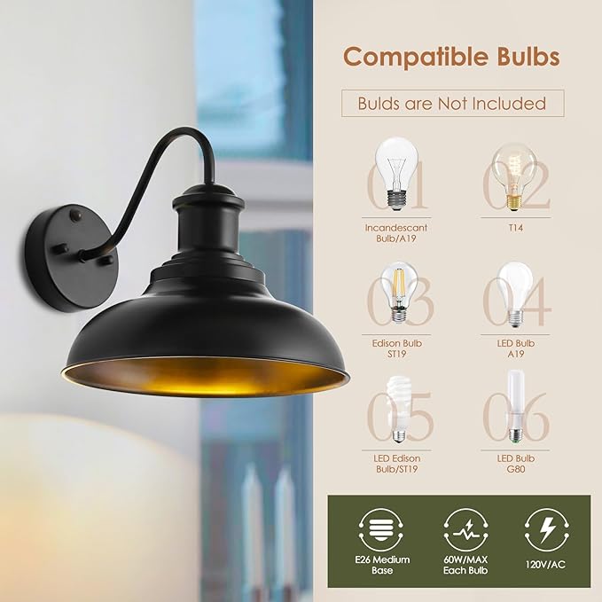 Motion Sensor Outdoor Lights,12“ Large Exterior Farmhouse Wall Mounted Lamp,E26 Barn Lights with Gooseneck,Vintage Matte Black Outside Sconce,Anti-Rust Waterproof Porch Light for House Garage