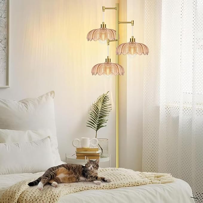 Floor Lamp for Living Room,Bedroom,Gold Mid Century Modern Standing Lamp Brass Tree 3 Light Tall Floor Lamps Vintage Retro Floor Lights Glass Flower Lamp Shade Farmhouse Boho Bohemian