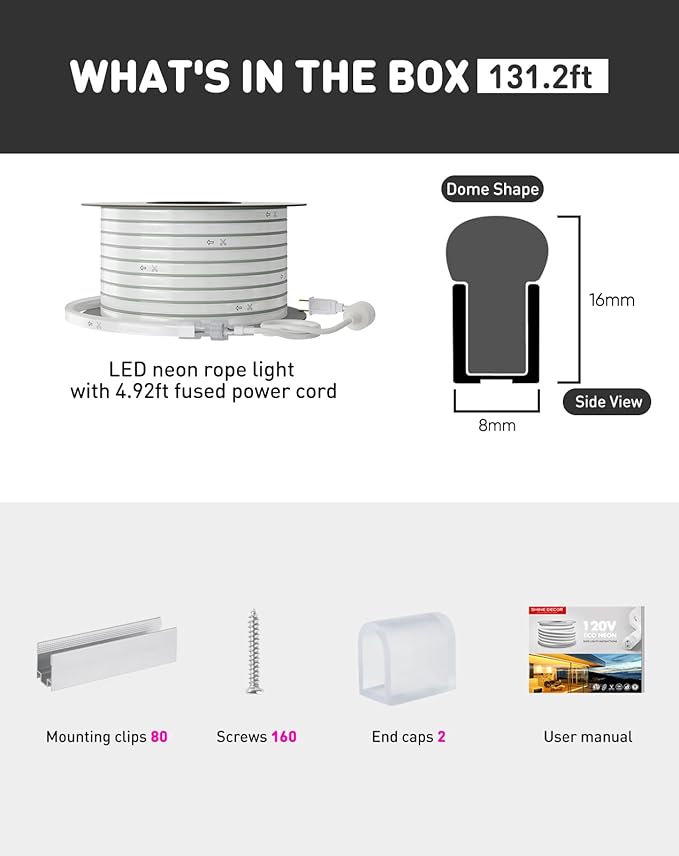 Shine Decor LED Neon Rope Lights Connectable, 131.2FT Flexible AC 110V 120V Neon LED Strip Lights(Warm White) Outdoor Waterproof, 40M ETL Plug&Play Neon String Lighting 120LEDs/M for Home Commercial