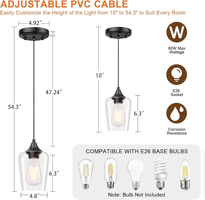 Ralbay Matte Black Industrial Pendant Light 3-Pack, Pendant Light Fixtures with Wine Clear Glass Shade, Adjustable Height for Kitchen Island, Farmhouse Dining Room Hanging Lighting Fixture