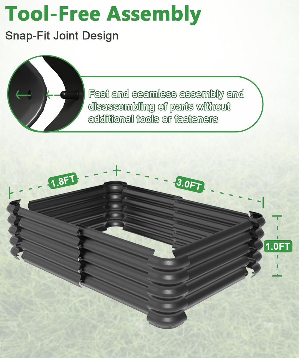 Sprimden 3.0x1.8x1.0ft Raised Garden Bed Kit, Rustproof PP Material Garden Box, Flower Bed with Tool-Free Assembly Design, Rectangular Planter Boxes for Outdoor Vegetables Flower Fruit Herb, Black