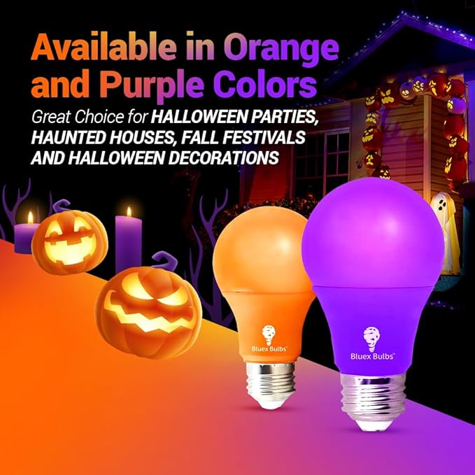 Bluex Bulbs 2 Pack Bluex LED A19 Orange Light Bulb - 9W (50Watt Equivalent) - E26 Base LED Orange Bulb, Party Decoration, Porch, Home Lighting, Holiday Lighting, Decorative Illumination