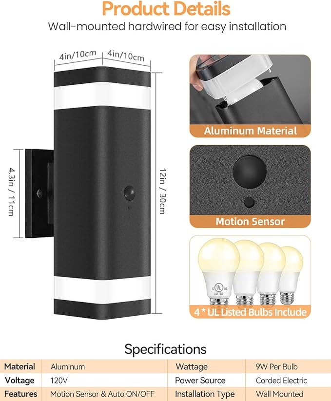 RAYVO Motion Sensor Outdoor Lights 2 Pack, Modern Dusk to Dawn Exterior Lighting Fixtures Up and Down Sconce with Black Finish, Waterproof Wall Mount Lighting for Porch Garage, Bulbs Included