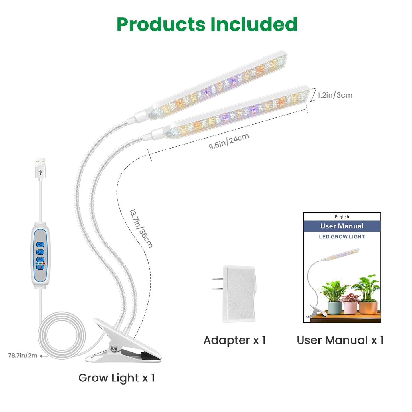 Aumtrly Plant Lights for Indoor Growing, 2 Head 114 LED Full Spectrum Clip on Grow Lights for Indoor Plants with 6/12/16H Timer, 5 Dimming, 3 Light Mode, White Gooseneck Grow Lamp