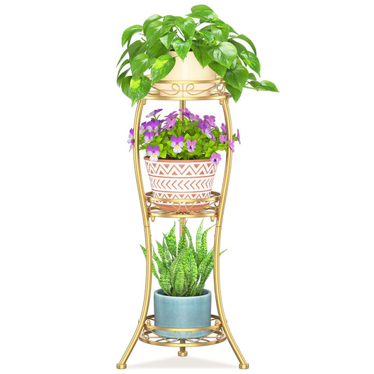 LASZOLA Gold 3 Tier Tall Plant Stand for Indoor Outdoor, Large Multiple Level Flower Planter Holder Organizer Rack for Patio Office Bathroom Corner Floor, Sturdy Heavy Duty Metal, Vertical Display