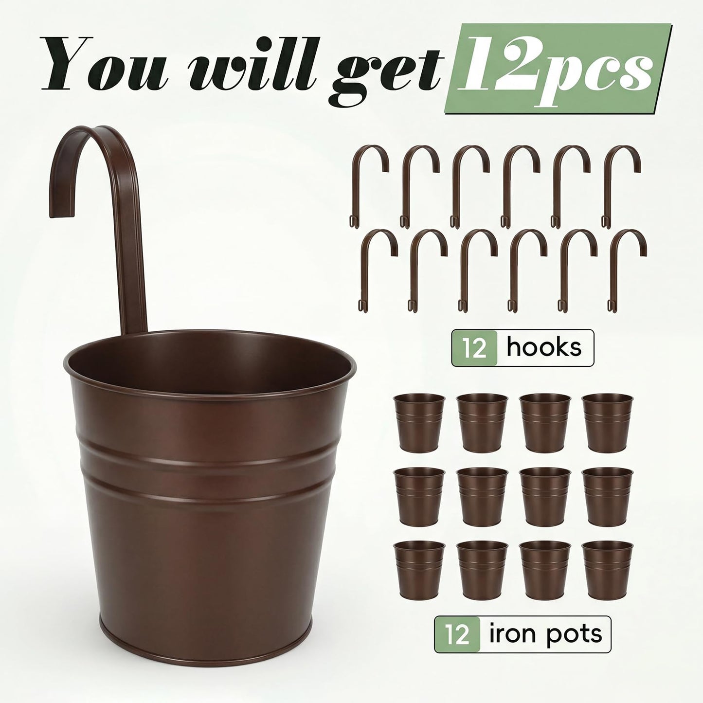 HowRU Hanging Flower Pots, Railing Planter Box for Outdoor Plants 12 Pack 5 Inch Metal Hanging Planters with Detachable Hooks Balcony Window Fence Garden Decoration Flower Boxes(Bronze(5in))