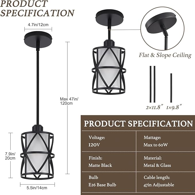 3 Pack Pendant Light Kitchen Island Pendant Light, Stem Rod Hanging Light with Spiral Cage Frosted Glass Shade, Black Modern Indoor Hanging Lamp