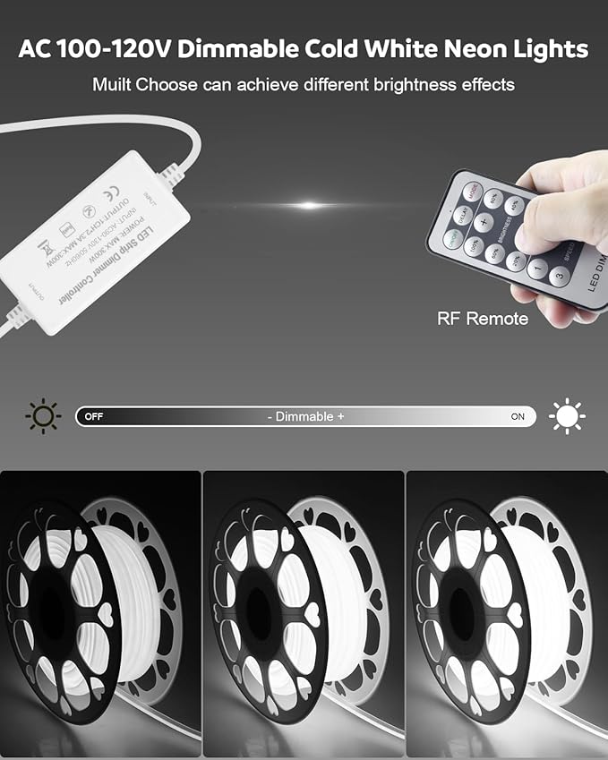 Aclorol COB LED Strip Lights Outdoor Waterproof 100FT 1 Roll AC 120V LED Rope Light Dimmable COB Flexible Light High Density Uniform Light LED Strip Super White 6000K for Commercial Grade Building