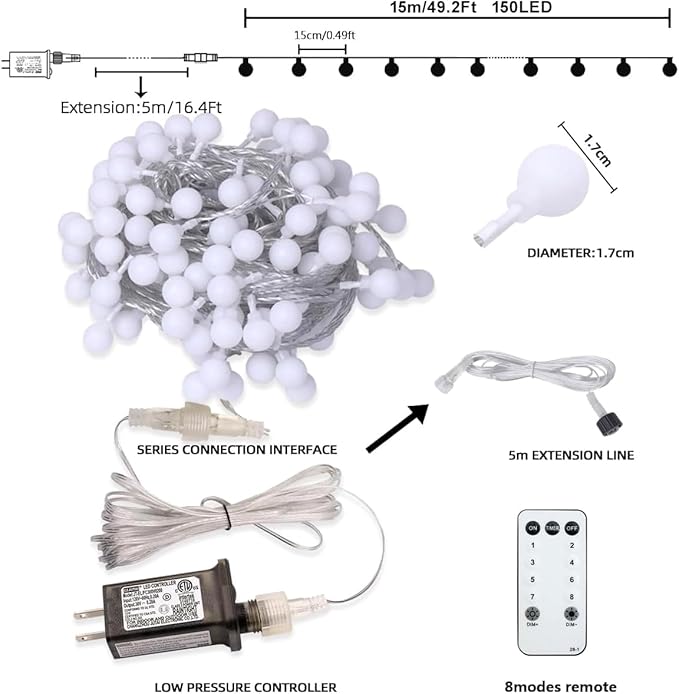 65.6ft Warm White Globe String Lights, 150 LED with 16ft Extended Lead Wire & Remote, 8 Modes, IP44 Waterproof Plug in Linkable Lights for Outdoor Indoor Party Wedding